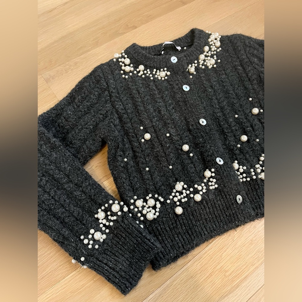 Zara Black Cardigan with Pearl Accents